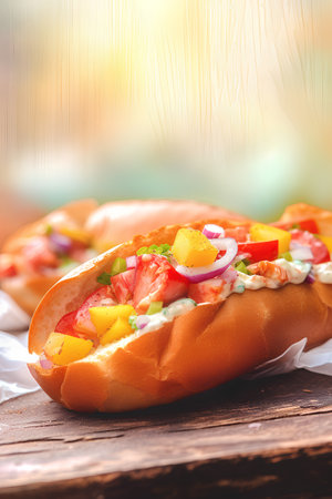 Hot dog with smoked salmon, tomatoes, onion and mayonnaiseの素材