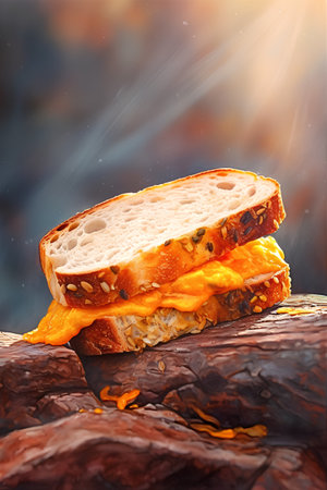 Sandwich with cheese and vegetables on a wooden background. Close-up.の素材