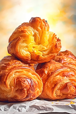 Freshly baked croissants on a background of yellow bokehの素材