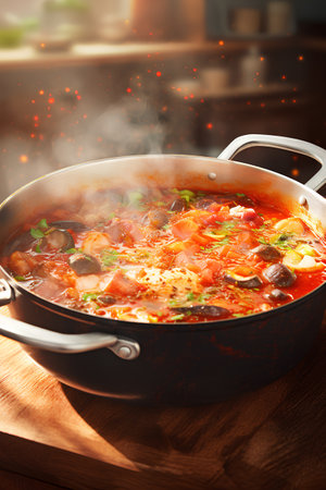 Soup with meat, mushrooms and vegetables in a frying pan.の素材
