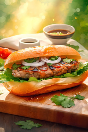 Sandwich with grilled salmon and vegetables on a wooden board on a green backgroundの素材