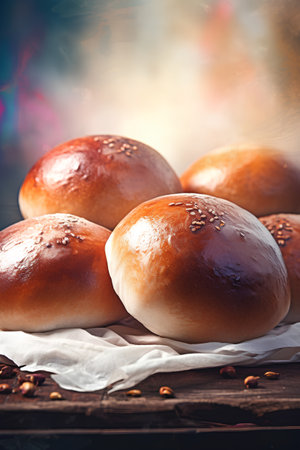 Homemade buns with sesame seeds on rustic wooden backgroundの素材