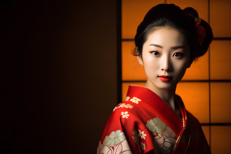 Beautiful asian woman with red kimono on dark backgroundの素材