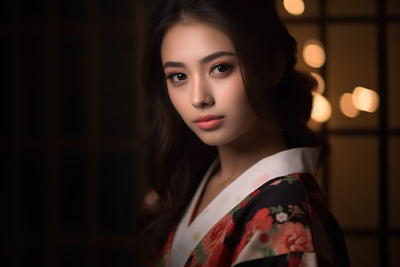 Portrait of a beautiful asian woman wearing kimono.の素材