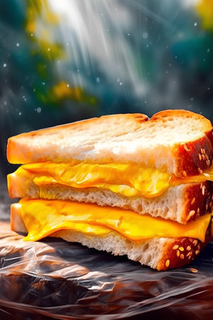 Sandwich with cheese and honey on a background of the stormy skyの素材