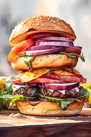 Hamburger with beef, cheese, tomato, onion and lettuceの素材