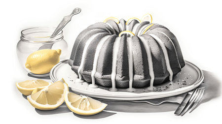 Chocolate bundt cake with lemon slices on a white background.の素材