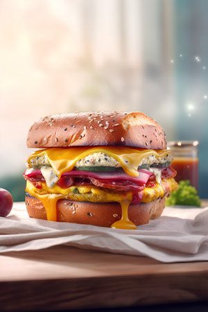 Delicious cheeseburger with bacon, cheese and tomato sauce on tableの素材