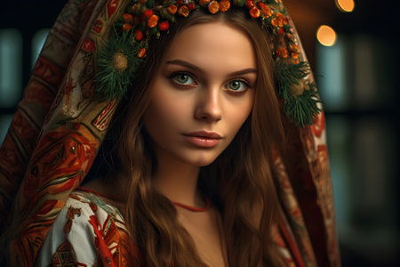 Portrait of a beautiful young woman in a Russian folk costume.の素材