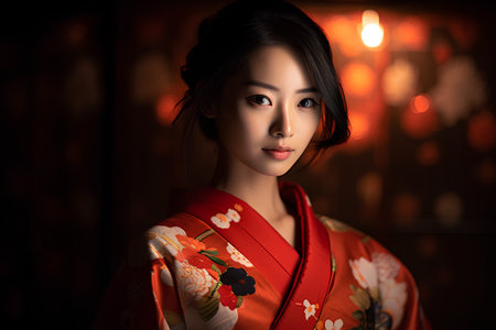 Portrait of a beautiful asian woman in red kimonoの素材