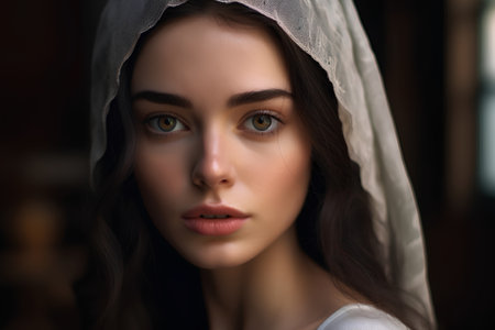 Portrait of a beautiful young woman with green eyes and brown hair.の素材