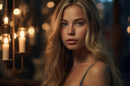 Portrait of a beautiful young woman with long blond hair. Beauty, fashion.の素材