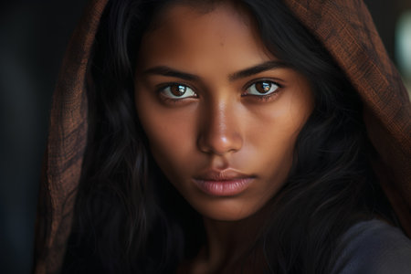 Close up portrait of a beautiful young indian woman with brown scarfの素材