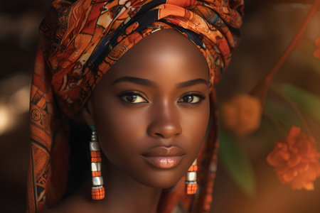 Portrait of a beautiful African American woman with a scarf on her head.の素材