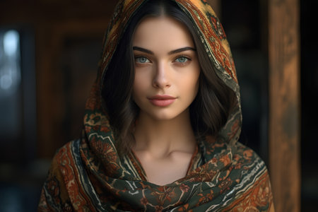 Portrait of a beautiful young woman in a shawl.の素材