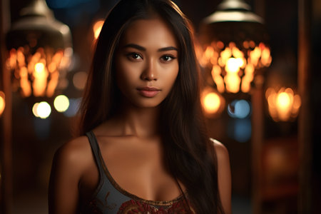 Portrait of a beautiful young asian woman in night club.の素材