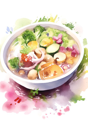 Watercolor illustration of a bowl of chicken soup with vegetables and mushroomsの素材