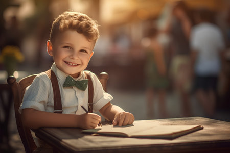 Cute little boy is sitting at a table in a cafe.の素材