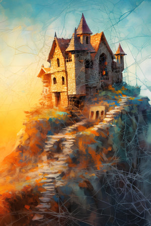 Old castle in the mountains. Digital painting. Colorful painting.の素材