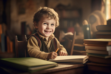Cute little boy doing his homework at home. Education concept.の素材