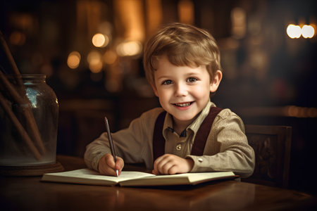 Cute little boy is writing a letter to his mother in a cafe.の素材