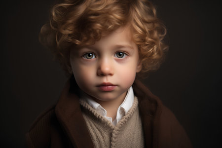 Portrait of a cute little boy with curly hair. Studio shot.の素材