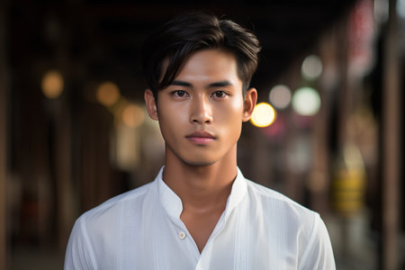 Handsome young Asian man in a white shirt on a city streetの素材