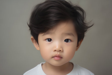Portrait of a cute little asian boy on gray background.の素材