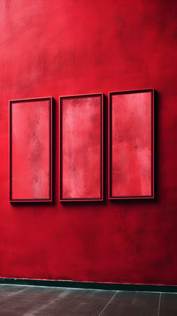 Three empty frames on a red wall in the interior of the roomの素材