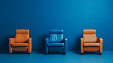 Three orange leather armchairs in blue interior. 3d render illustrationの素材