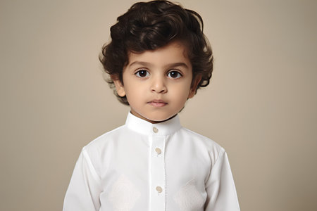 Portrait of a cute little boy in white shirt, studio shotの素材