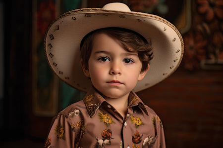 Portrait of a cute little boy in a cowboy's hat.の素材
