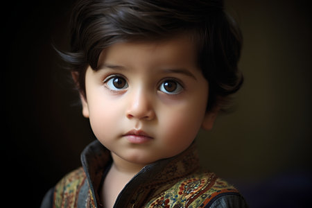 Portrait of a beautiful little boy on a dark background. Close-upの素材