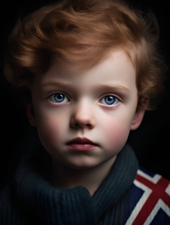 Portrait of a beautiful little boy with red hair and blue eyesの素材