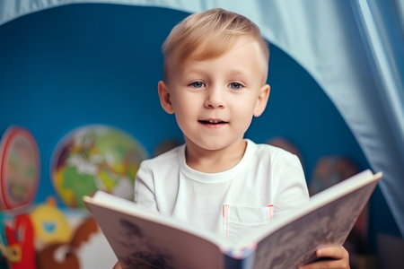 Portrait of a cute little boy reading a book in his roomの素材