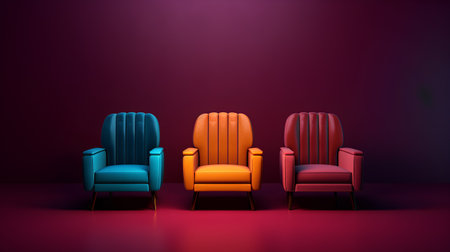3d render of three chairs in a room with a purple wallの素材