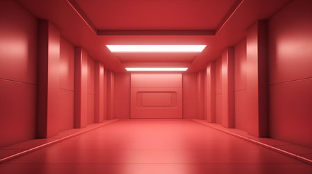 3d rendering of a corridor in a modern office building with red wallsの素材