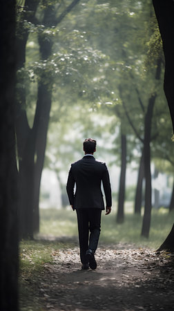 Rear view of a businessman walking in the forest. Business conceptの素材