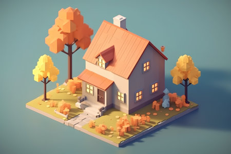 Autumn house isometric 3d vector illustration on blue background.の素材