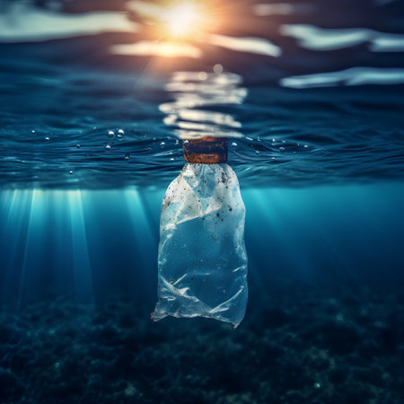 Plastic bottle floating in the water. Plastic pollution concept. 3d renderingの素材