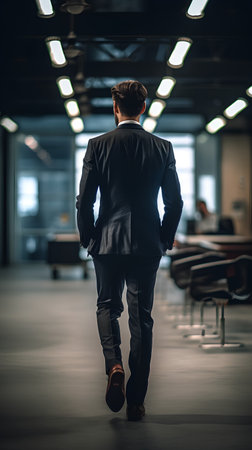 Rear view of young businessman in suit walking in modern office.の素材