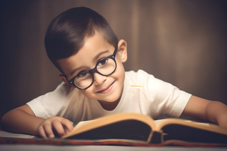 Cute little boy is reading a book and smiling while wearing glassesの素材