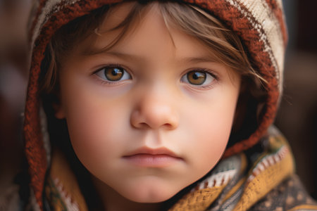 Portrait of a little girl in a warm hat and scarf.の素材