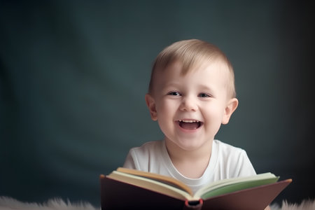 Portrait of a smiling little boy reading a book on the floorの素材