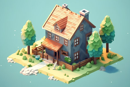 3d isometric house in the forest on a blue background.の素材