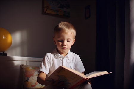 Little boy reading a book in the morning at home, shallow depth of fieldの素材