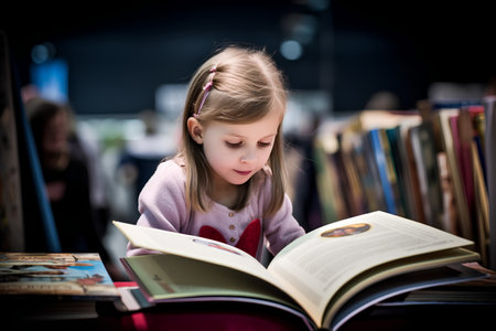 Adorable little girl reading a book in the library. Education.の素材
