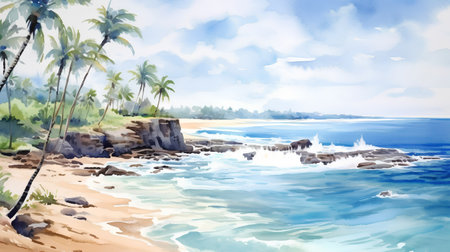 Tropical beach with palm trees, watercolor vector illustration.の素材