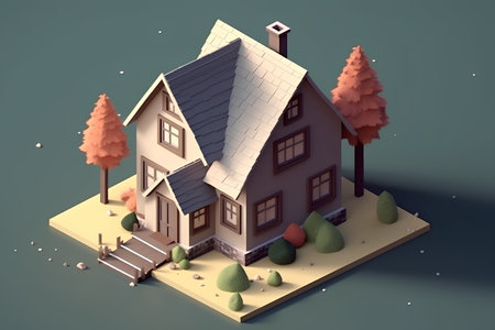3D isometric house with a roof, trees and bench.の素材