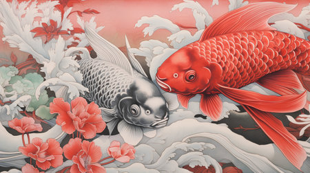 Koi fish and red flowers on the background of Japanese patterns.の素材